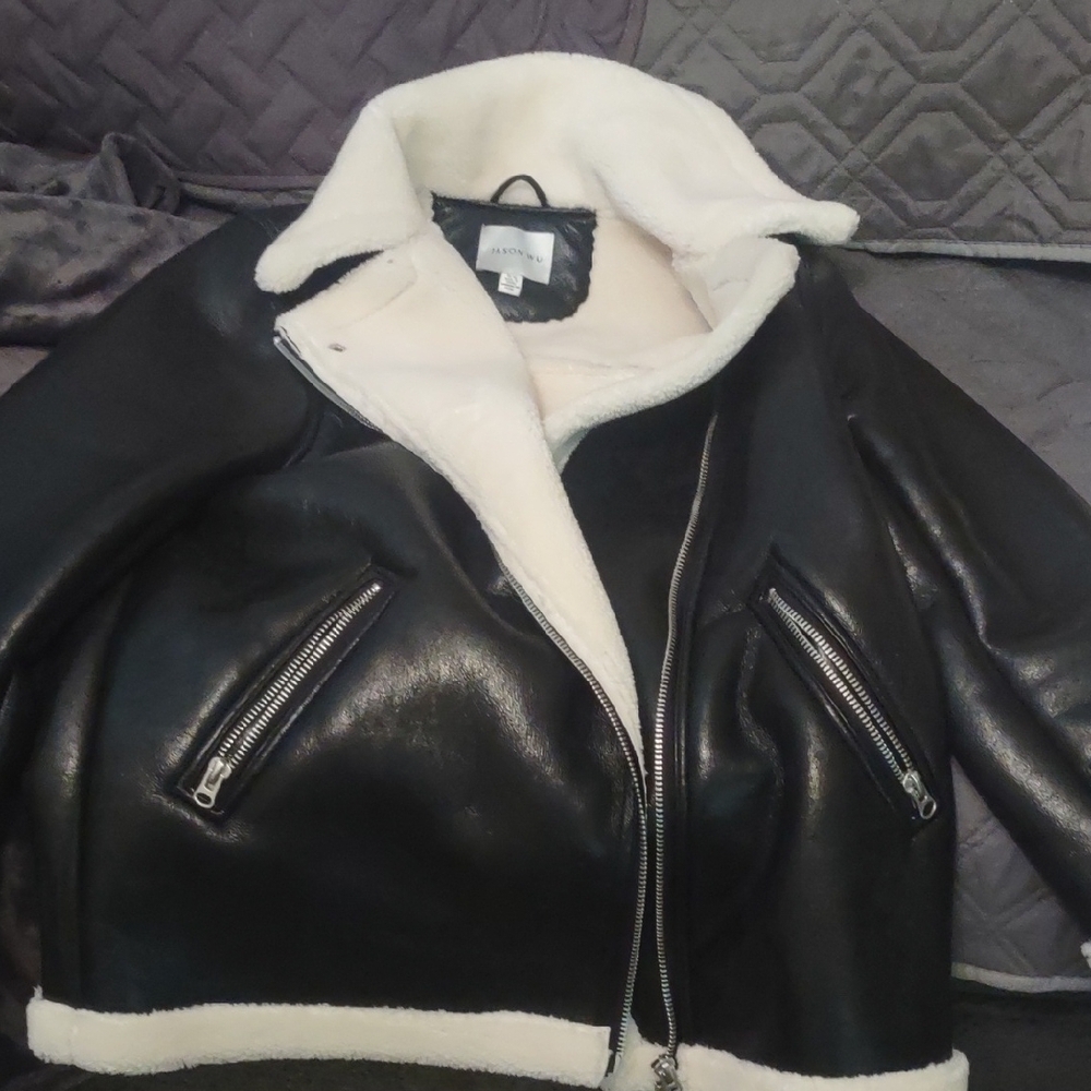 Black and White Leather Jacket with Shearling Collar